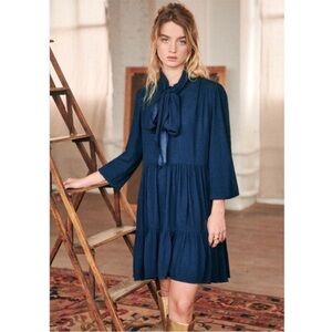 Sezane Selena Tie Neck Dress in Marine Mat Sz 36/4